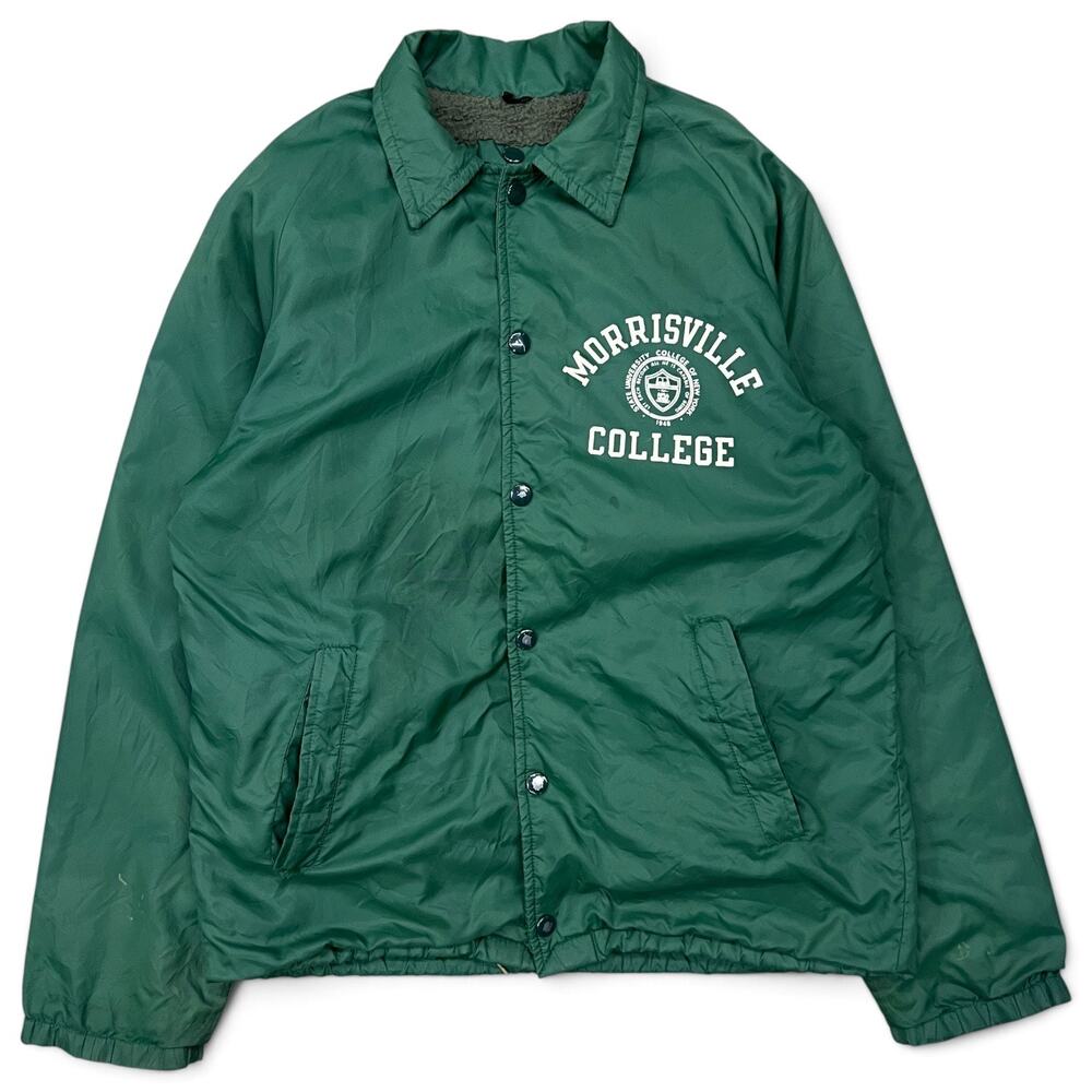 True Vintage Champion Running Man Morrisville College Jacket Green Nylon Sherpa
